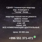 Сдаю 1 комнатную квартиру в мкр. Аламедин-1 (Чынар базар)